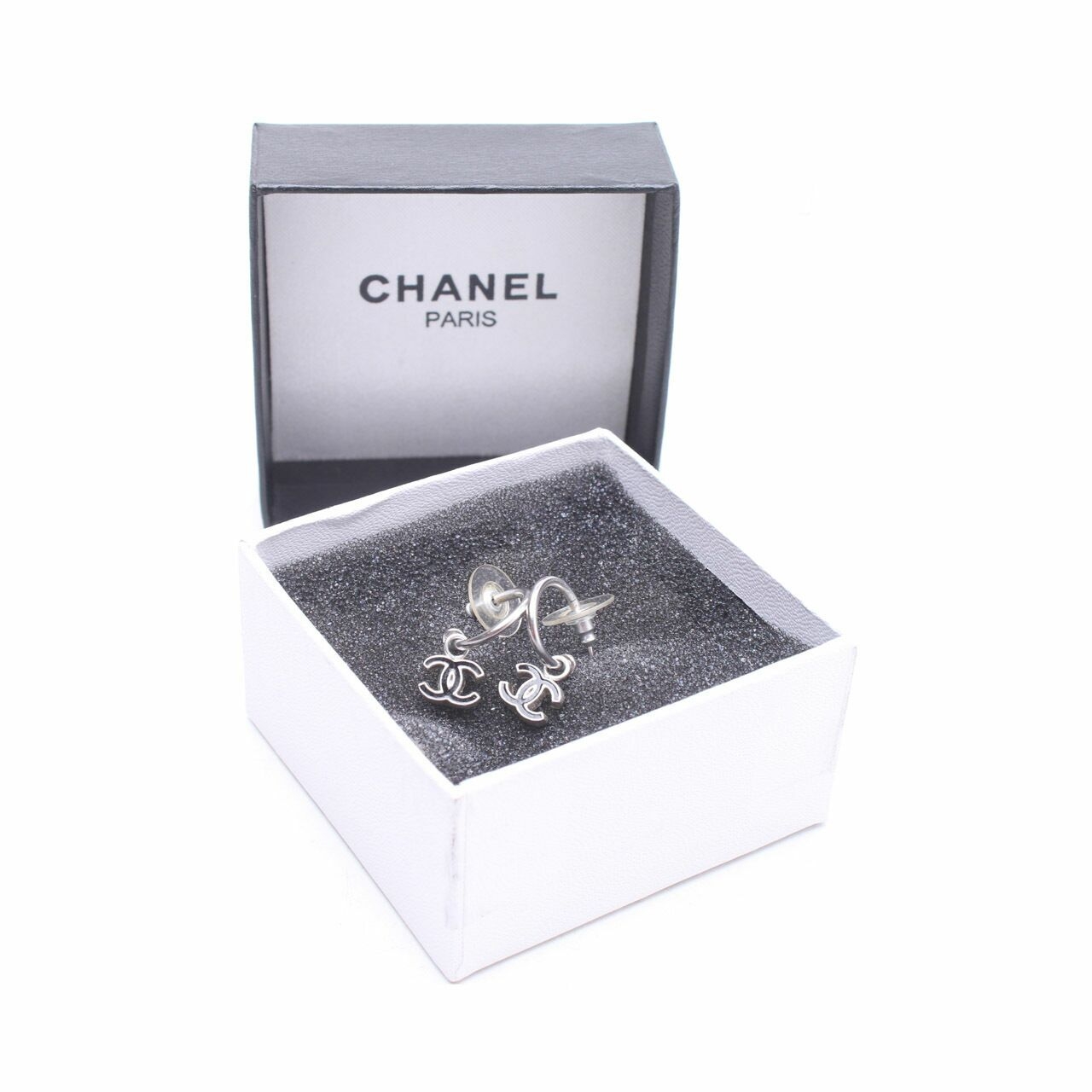 Chanel Silver Black Logo Earrings