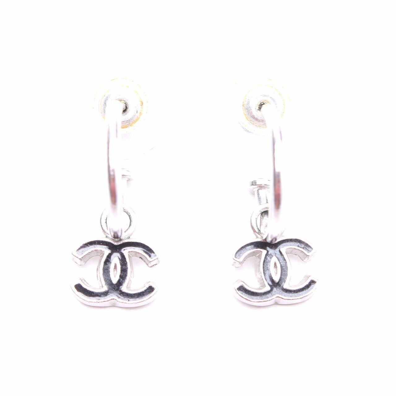 Chanel Silver Black Logo Earrings