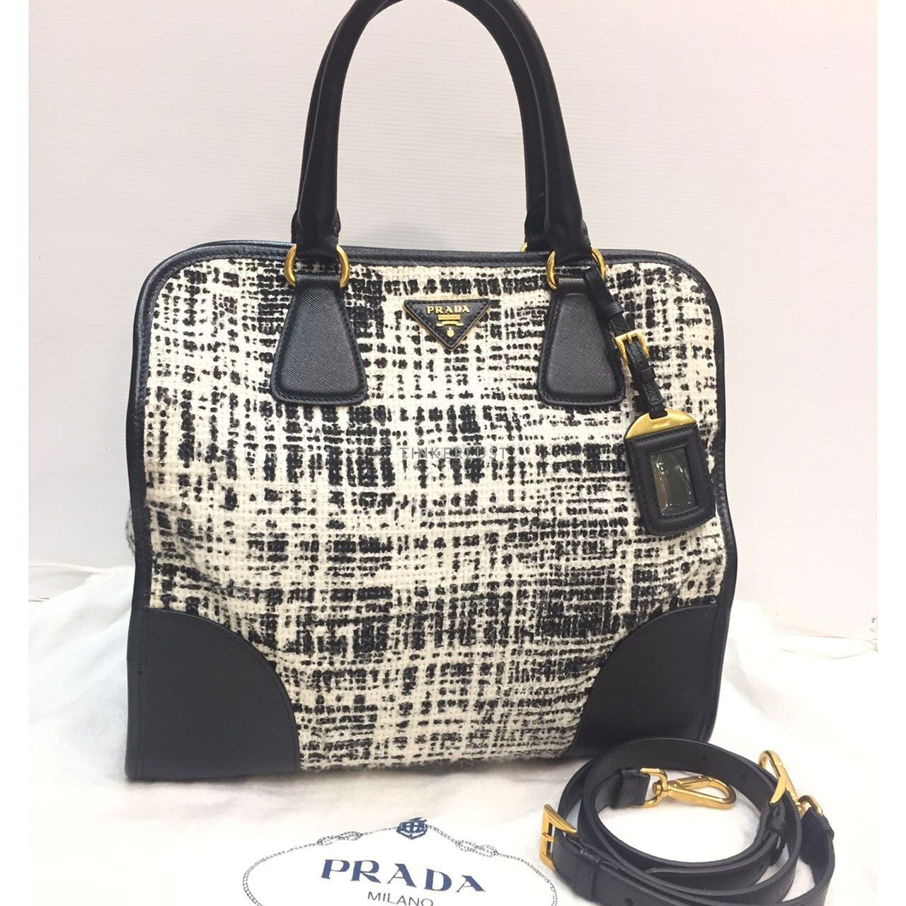 Prada Saffiano Tela Tweed Leather Black & White Satchel