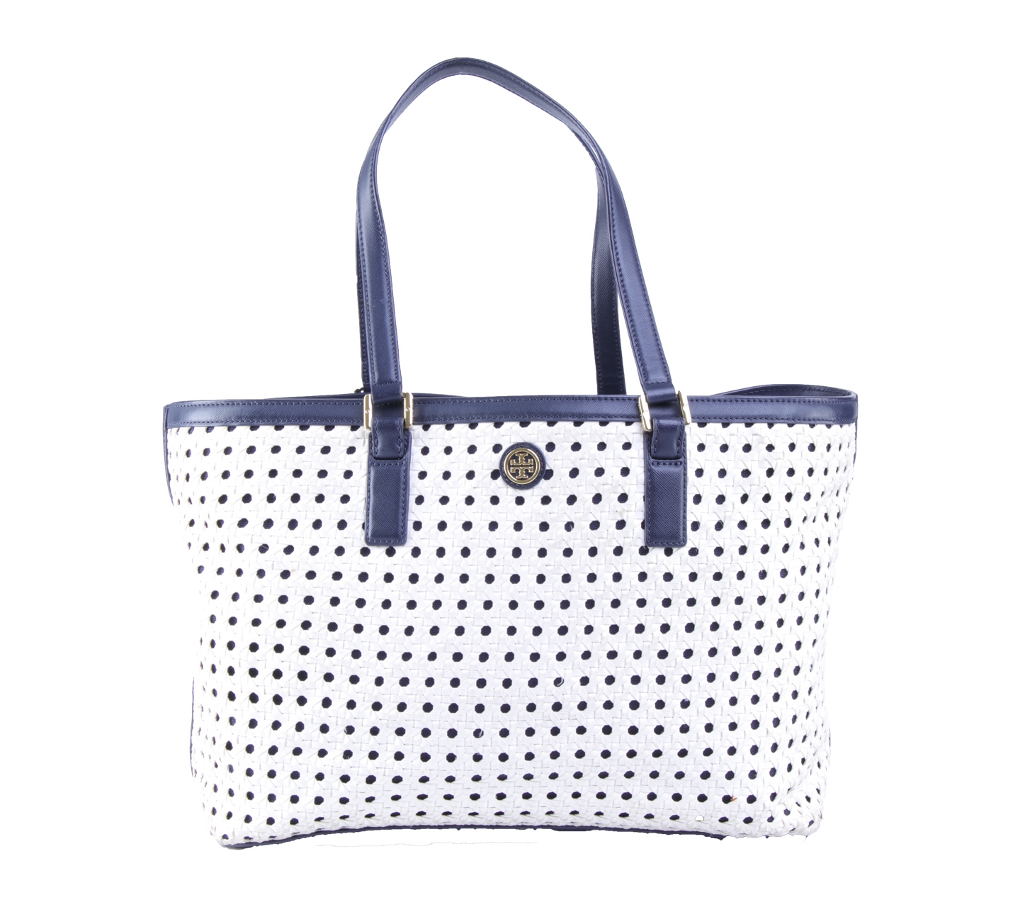 Tory Burch White And Black Woven leather Robinson Tote Bag