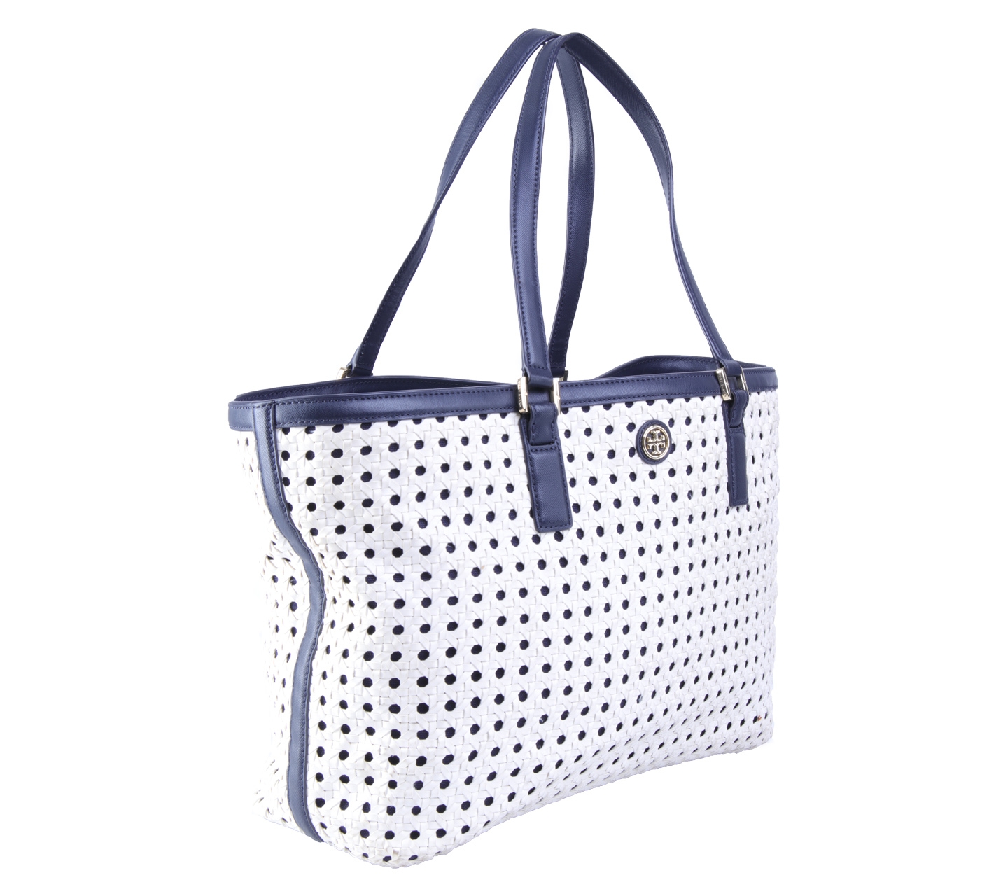 Tory Burch White And Black Woven leather Robinson Tote Bag