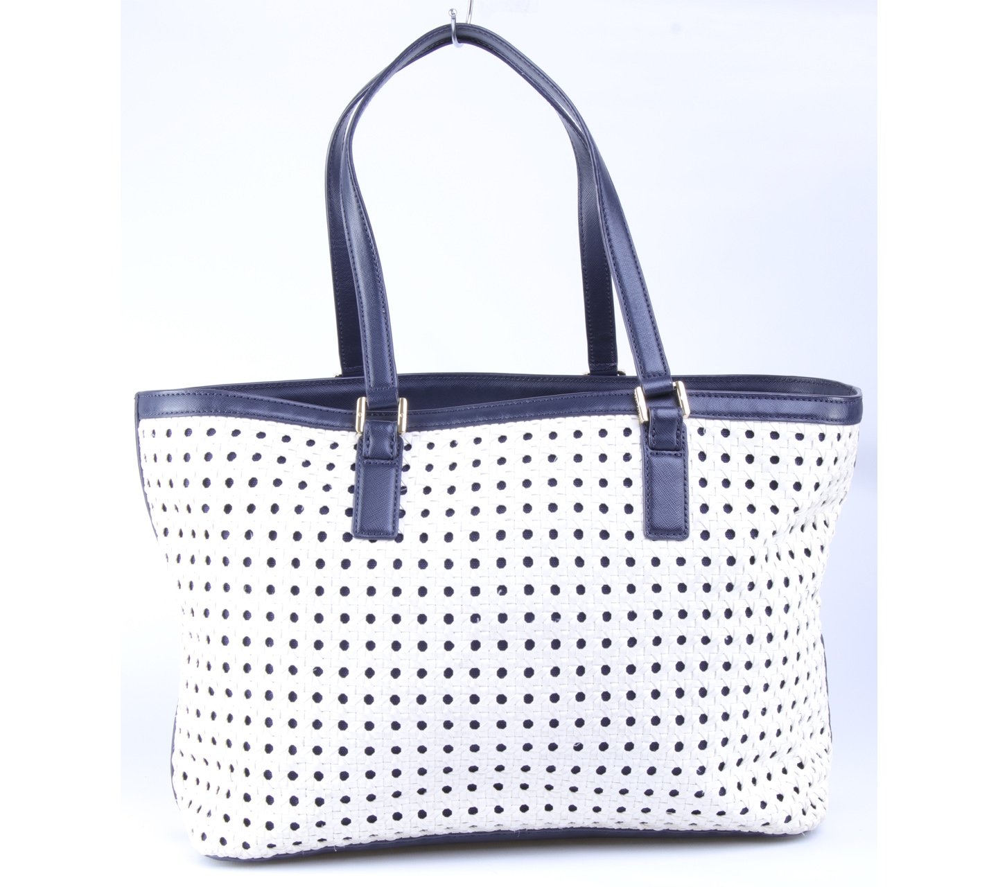 Tory Burch White And Black Woven leather Robinson Tote Bag