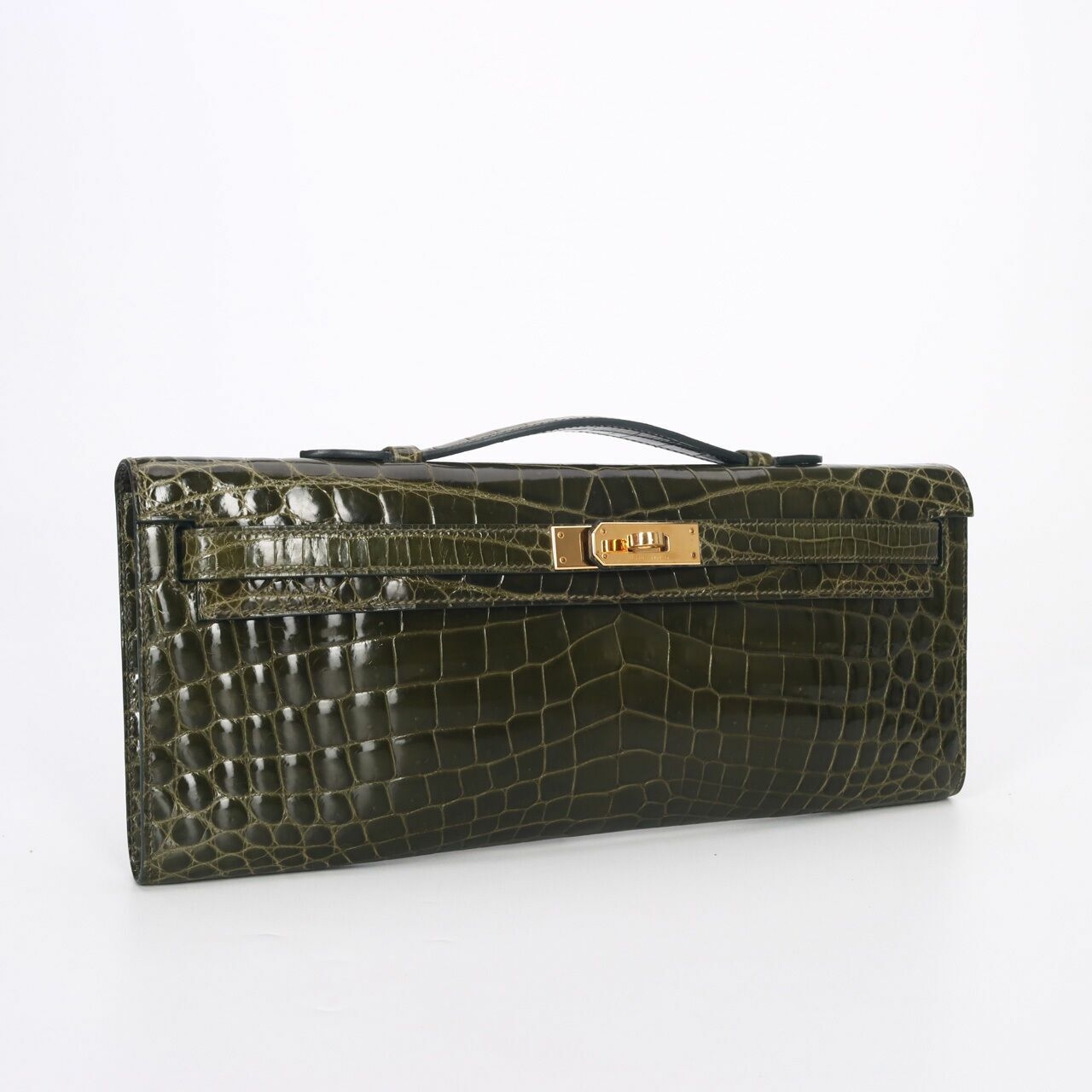 Hermes Shiny Porosus Crocodile Kelly Cut Pochette Green #O GHW Clutch