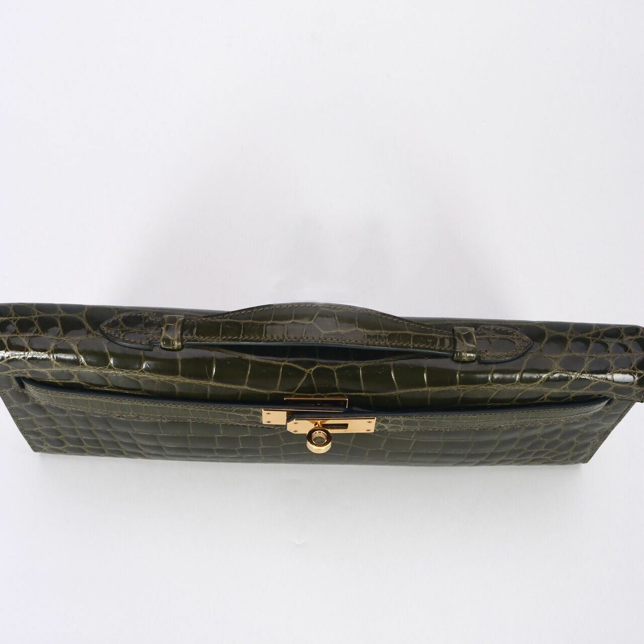 Hermes Shiny Porosus Crocodile Kelly Cut Pochette Green #O GHW Clutch