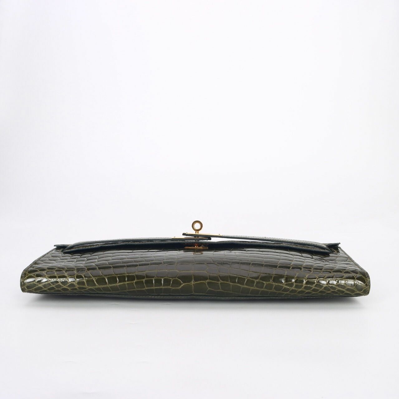 Hermes Shiny Porosus Crocodile Kelly Cut Pochette Green #O GHW Clutch