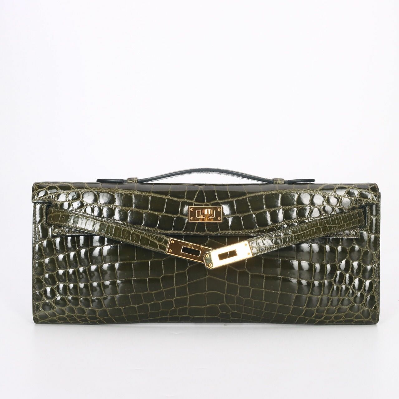 Hermes Shiny Porosus Crocodile Kelly Cut Pochette Green #O GHW Clutch