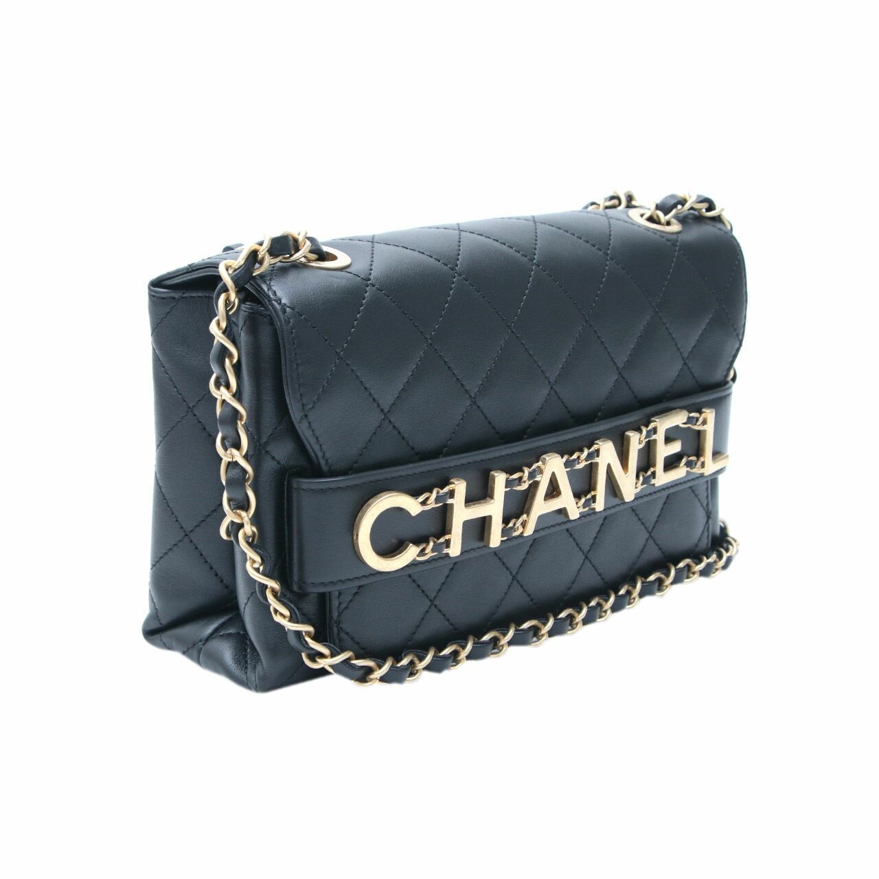 Chanel Flapbag Front Logo Small Black Calf Skin Shoulder Bag