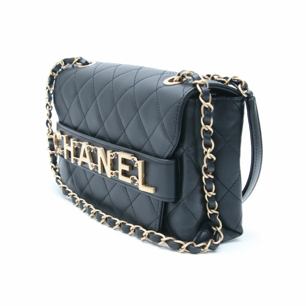 Chanel Flapbag Front Logo Small Black Calf Skin Shoulder Bag