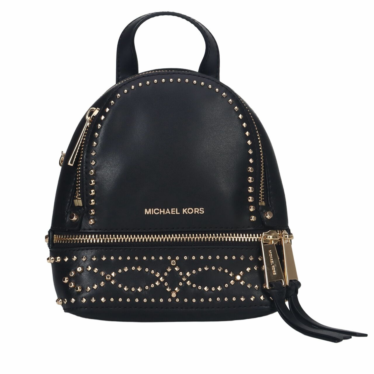 Michael Kors Rhea XS Black Messenger Backpack Stud Gold