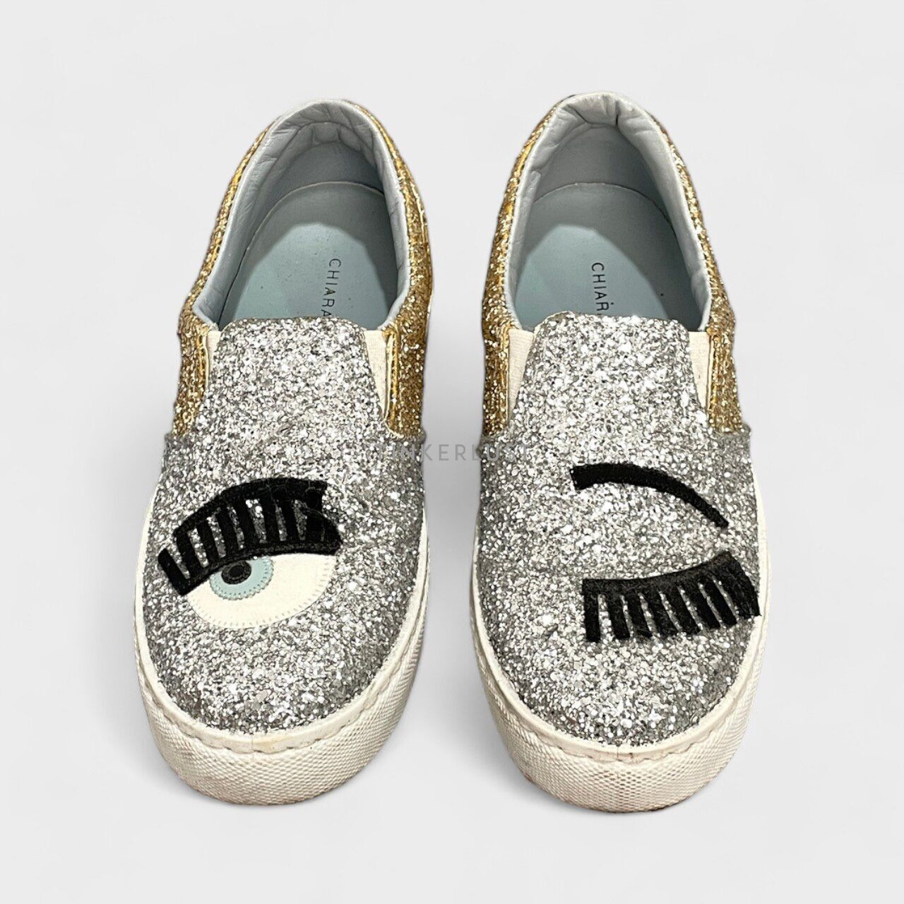 Chiara Ferragni Silver Glitter Slip On Flats