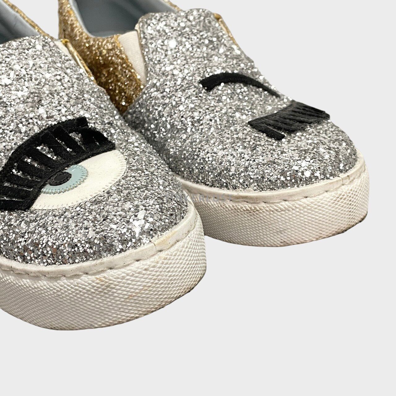 Chiara Ferragni Silver Glitter Slip On Flats