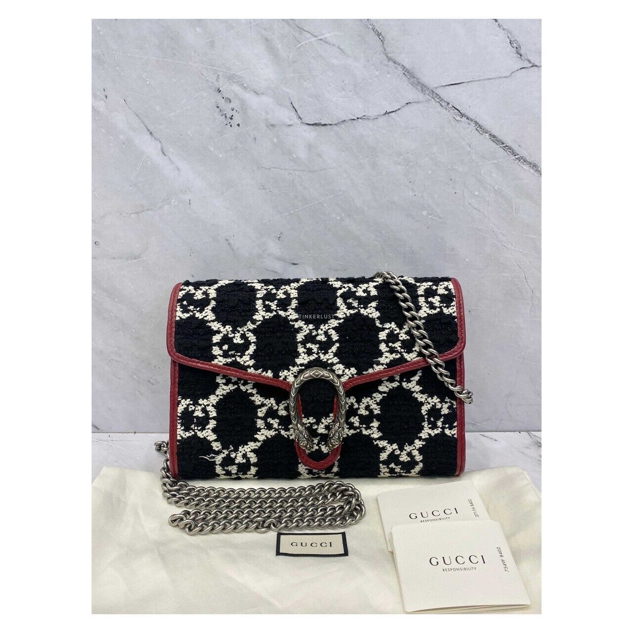 Gucci Dionysus Tweed WOC Red Black White SHW Sling Bag