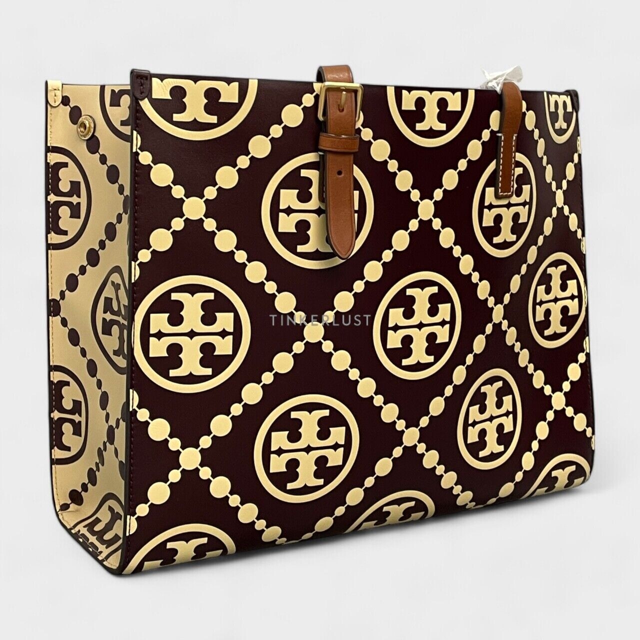 Tory Burch T Monogram Contrast Embossed Brown Yellow Tote Bag