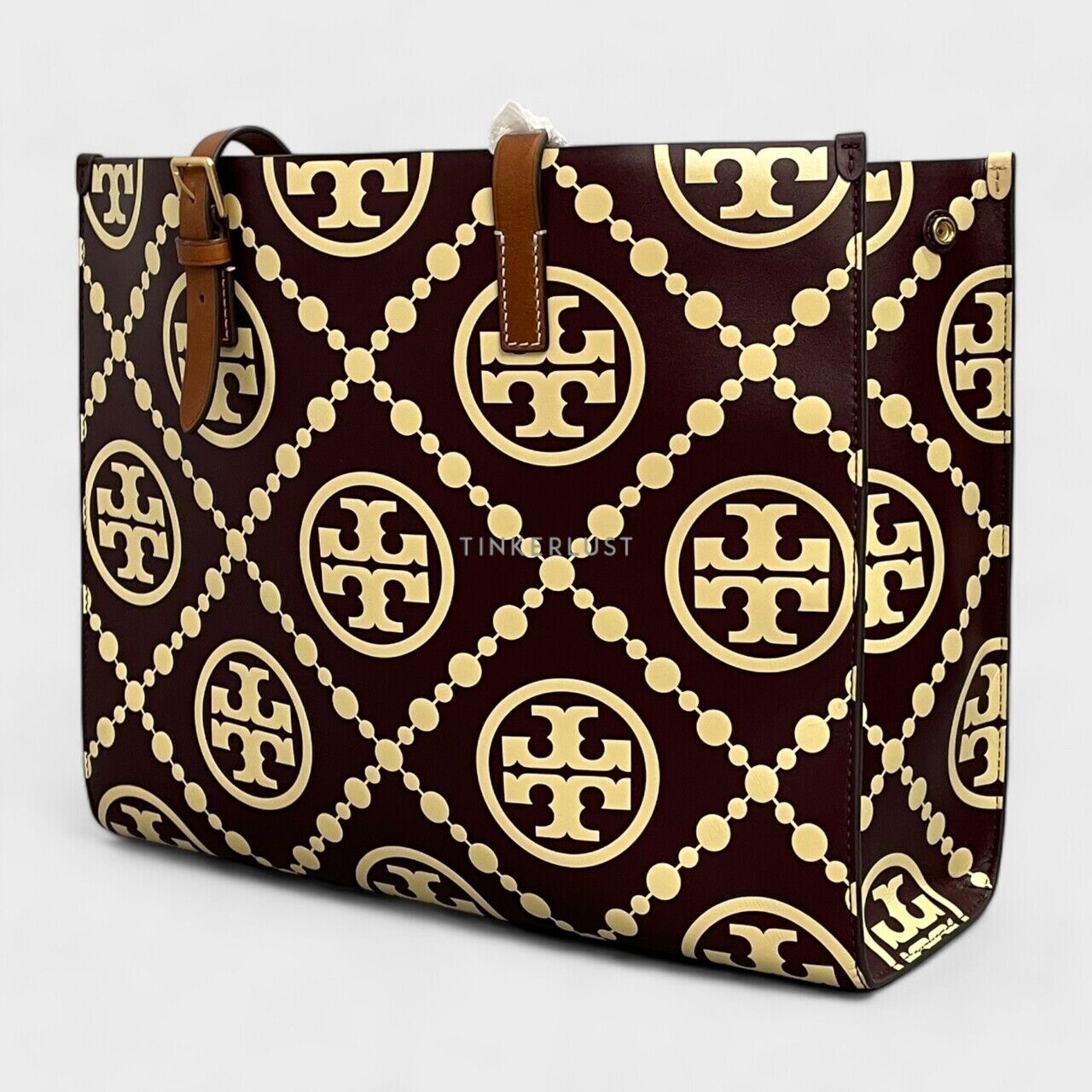 Tory Burch T Monogram Contrast Embossed Brown Yellow Tote Bag