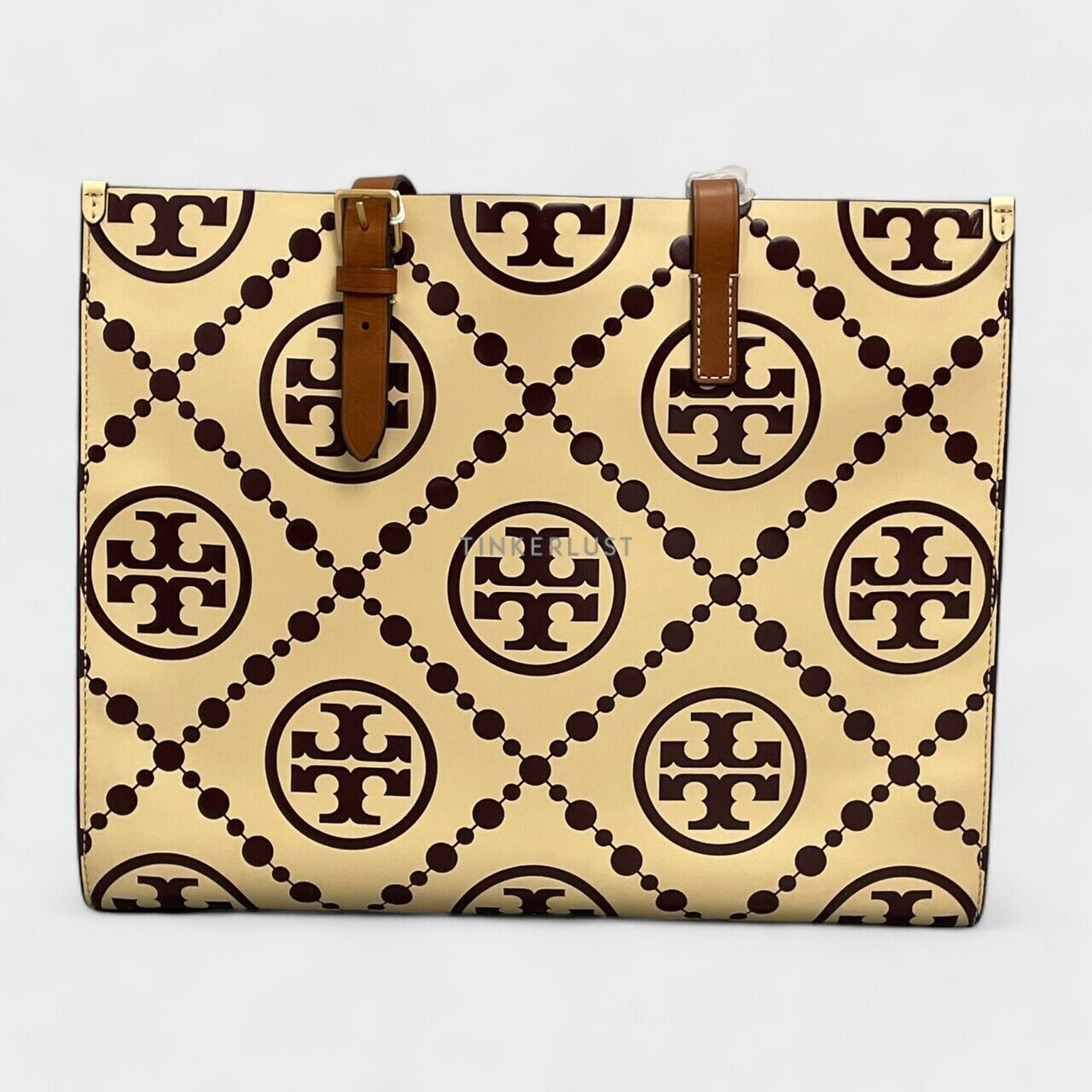 Tory Burch T Monogram Contrast Embossed Brown Yellow Tote Bag