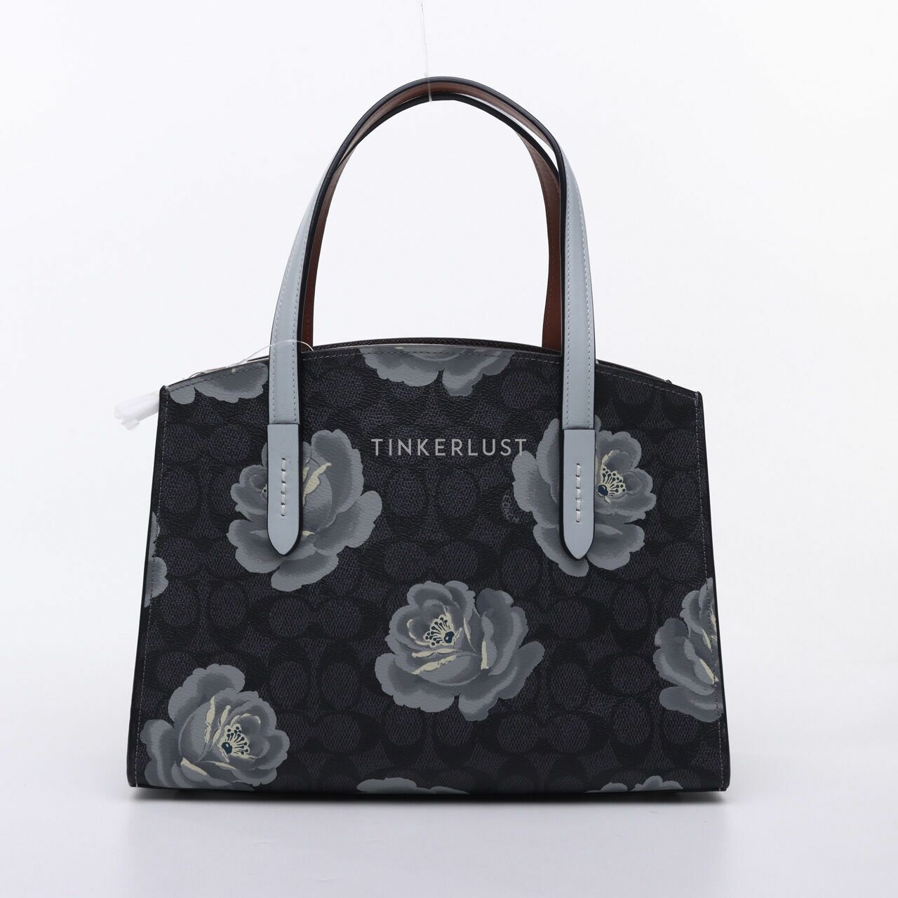 Coach Charlie Carryall 28 Signature Rose Print Charcoal Sky Satchel