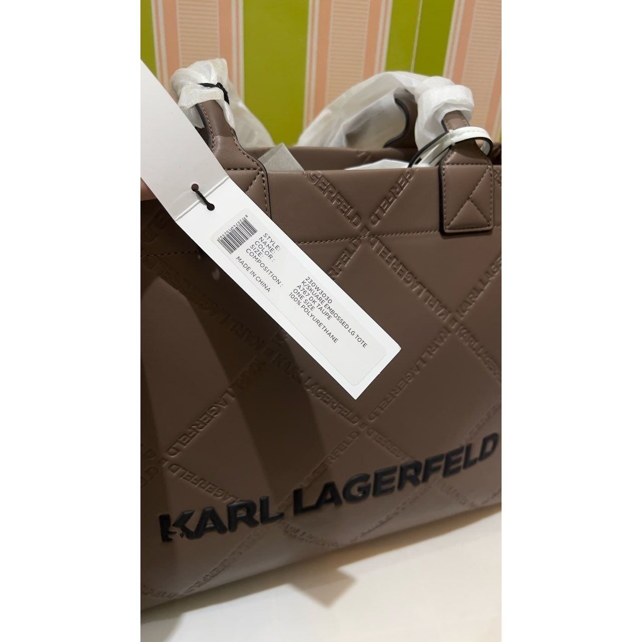 Karl Lagerfeld K/Skuare Embossed Taupe Tote Bag