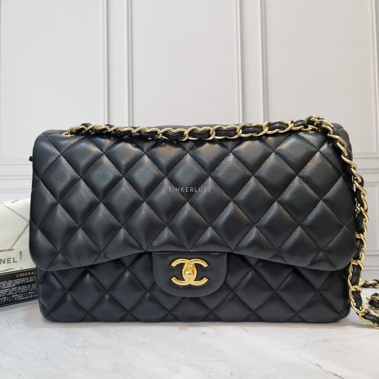 Chanel Jumbo Lambskin Black Double Flap GHW # 19 Soulder Bag