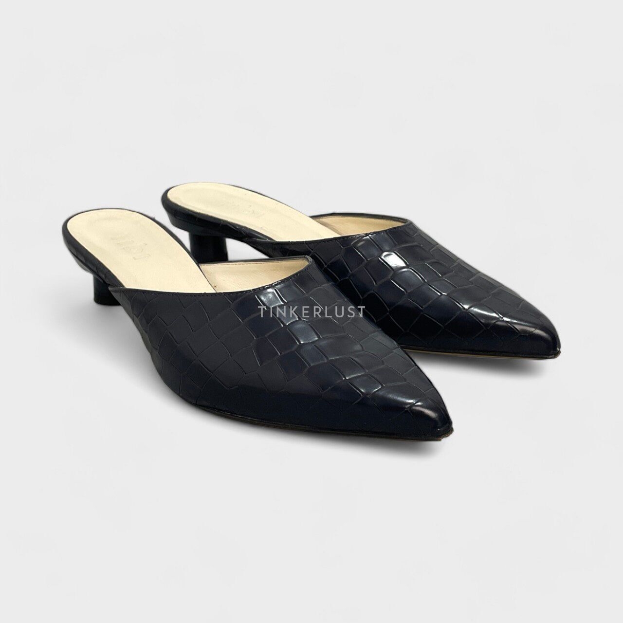 Tibi Luke Emb Croc Navy Mules Heels