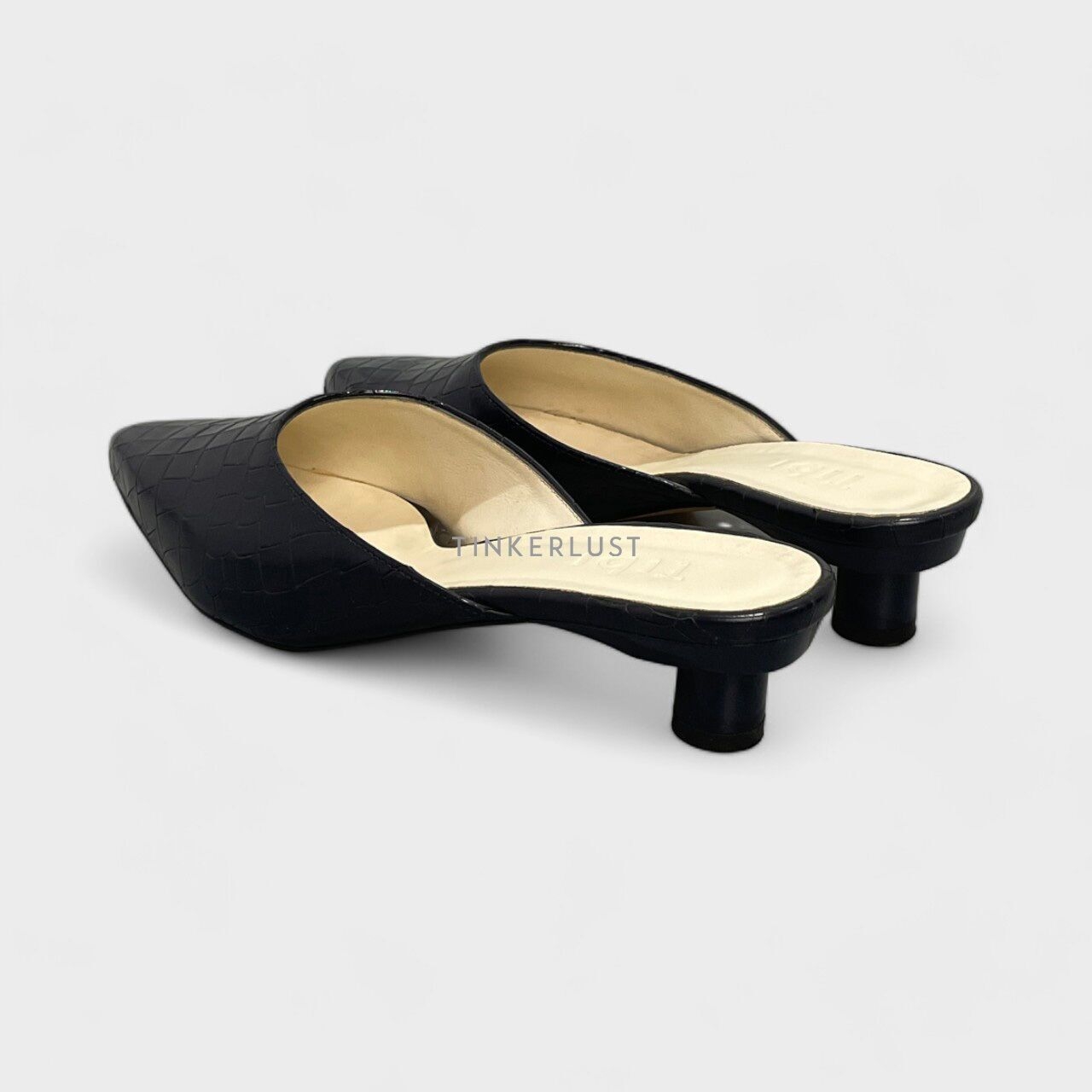 Tibi Luke Emb Croc Navy Mules Heels