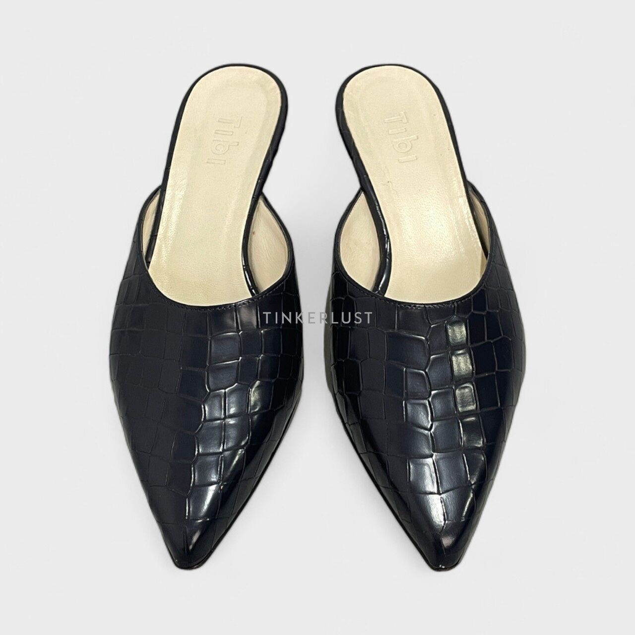 Tibi Luke Emb Croc Navy Mules Heels