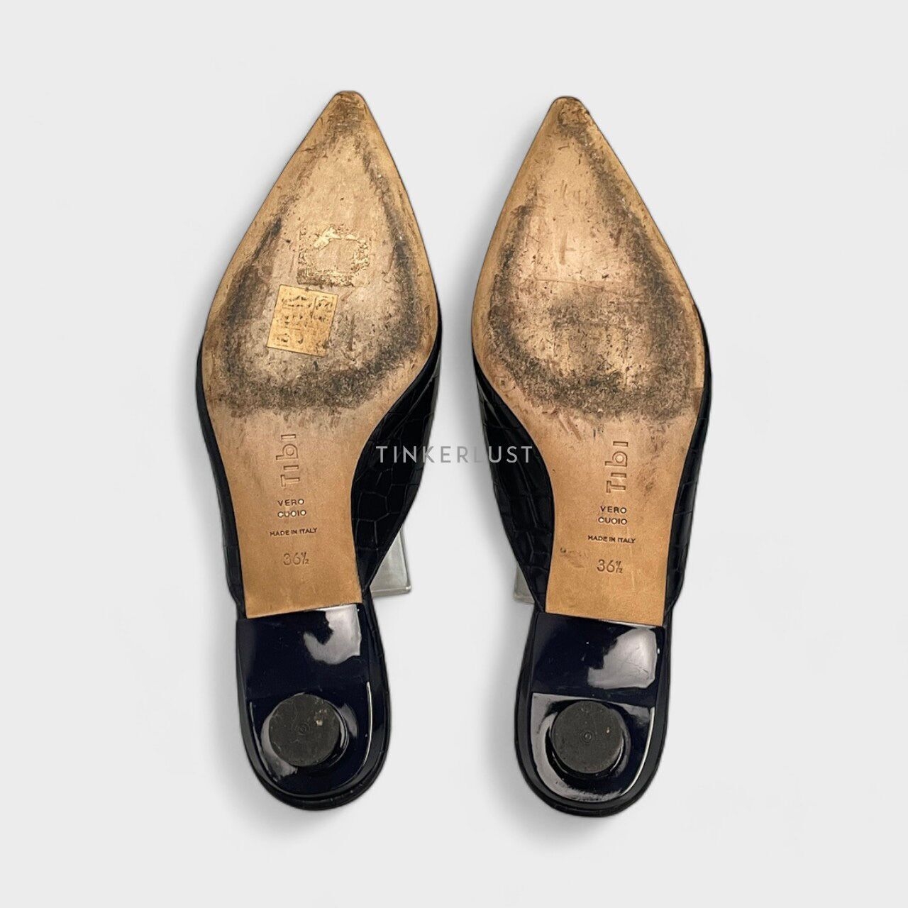 Tibi Luke Emb Croc Navy Mules Heels