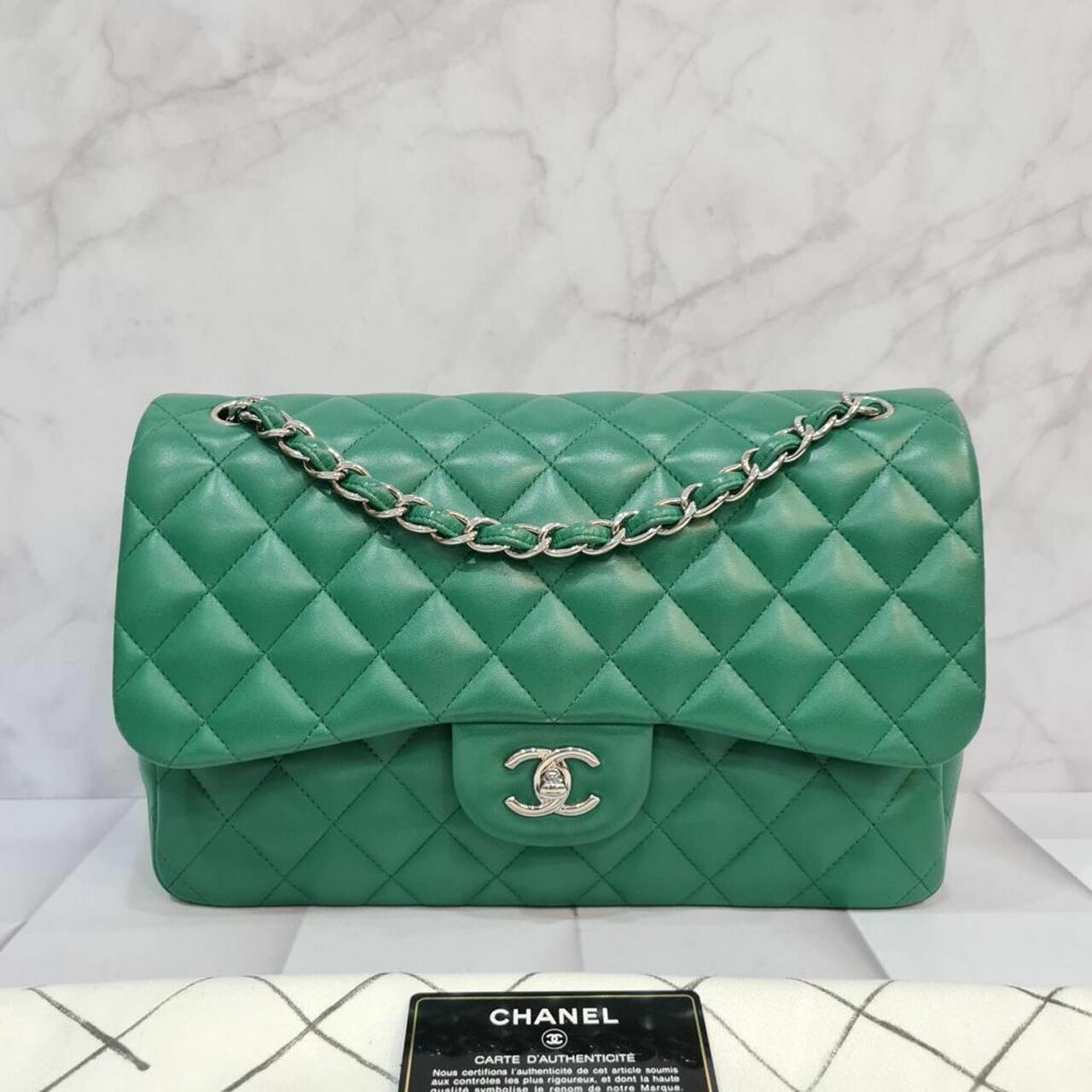 Chanel Classic Jumbo Double Flap Green Lambskin Bag SHW #22 Shoulder Bag