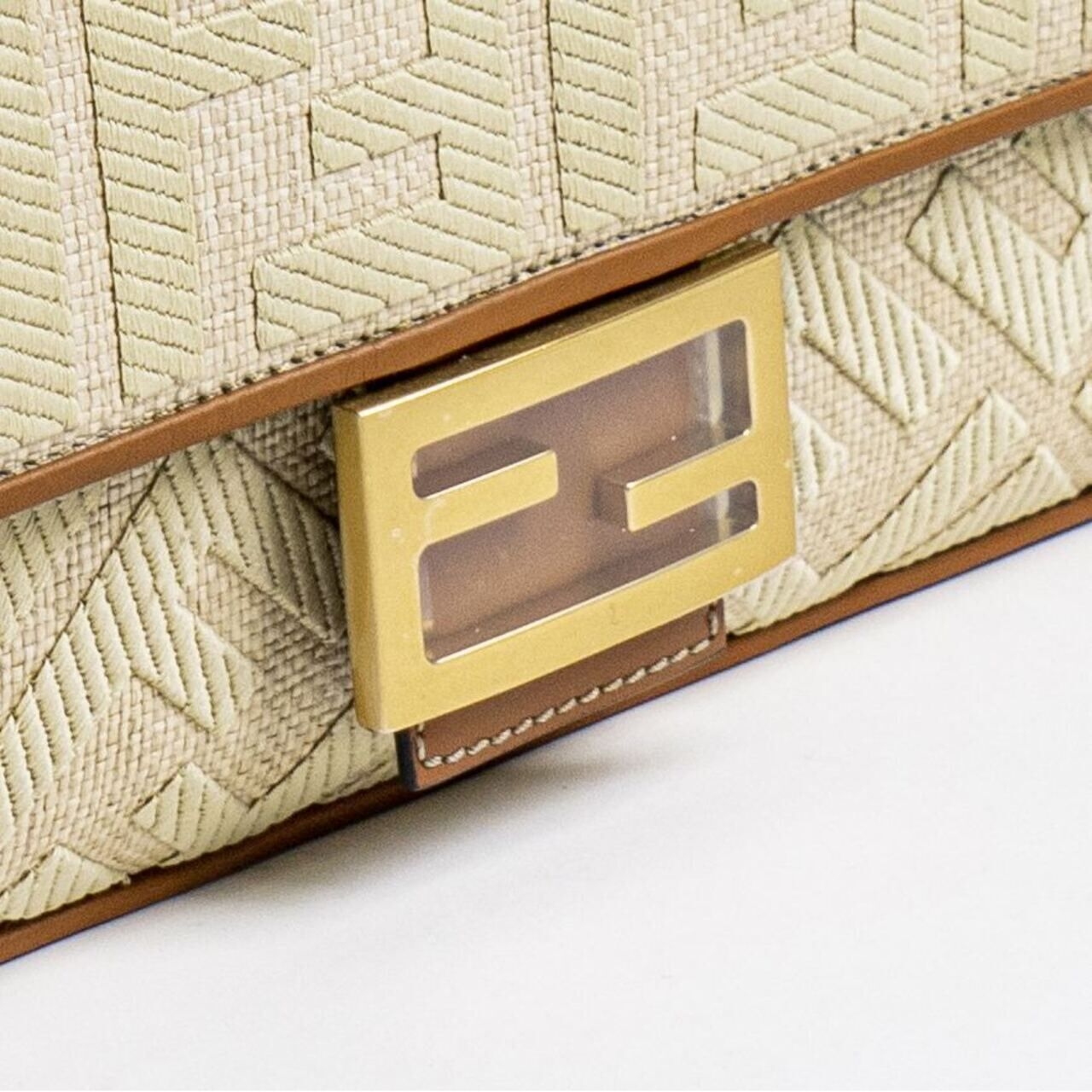 Fendi Medium Baguette FF Embroidery Natural Straw Bag Beige