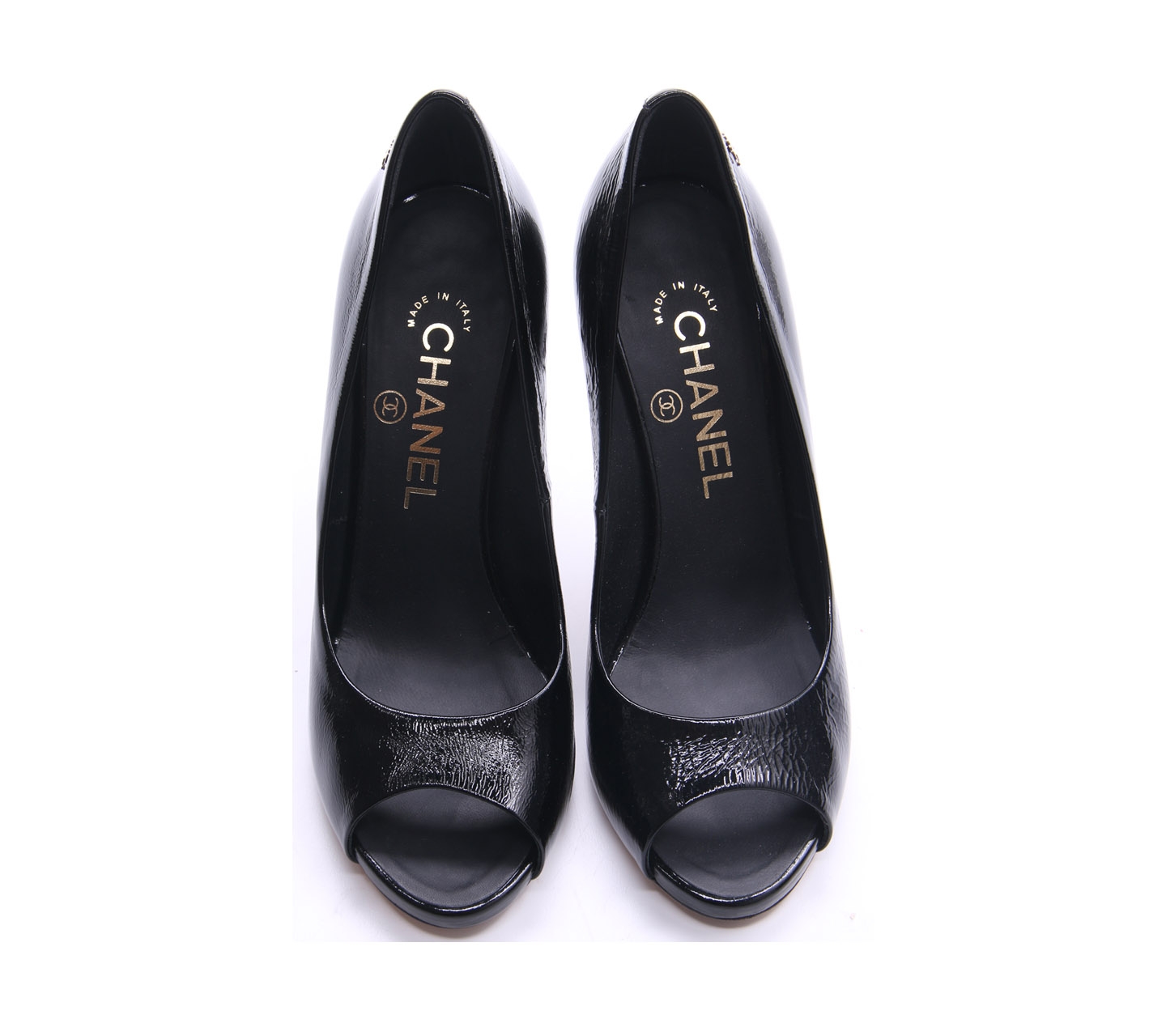 Chanel Black Peep Toe Patent With Pearl Heels 