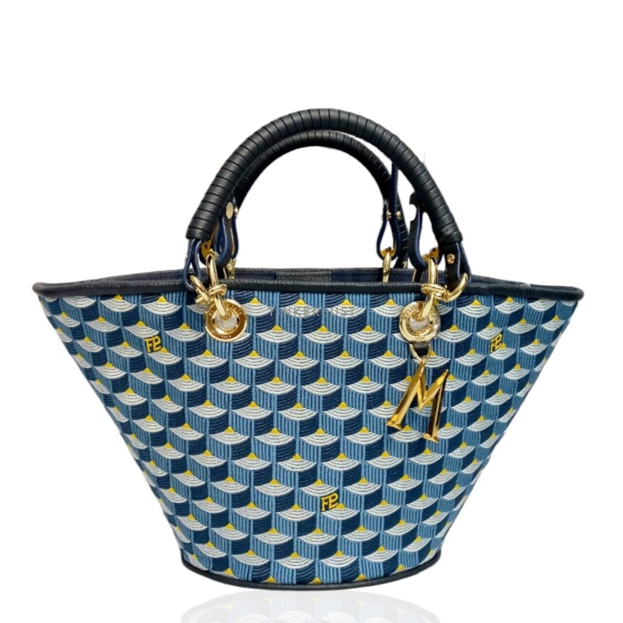 Faure Le Page Medium Battle Blue Saga Jacquard & Navy Leather Satchel