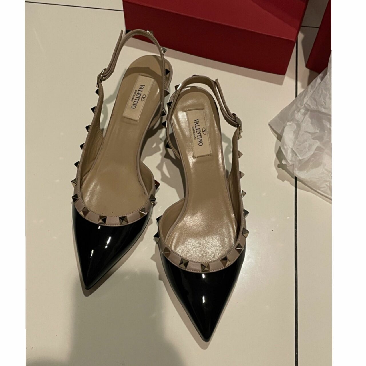 Valentino Black Patent Rockstud Slingback Heels