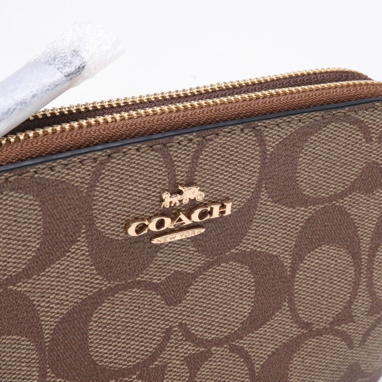 Coach C1859 Signature Blocked Double Corner Zip Wallet Khaki Brown Multi Wallet