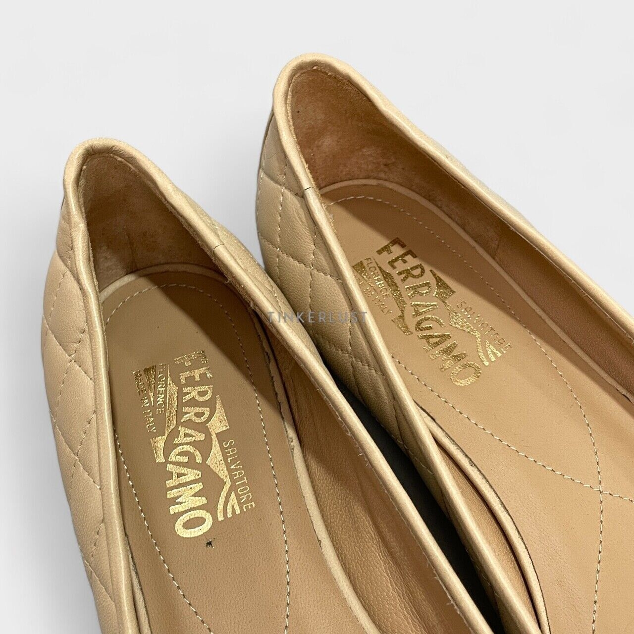 Salvatore Ferragamo Varina Quilted Nude Leather GHW Flats