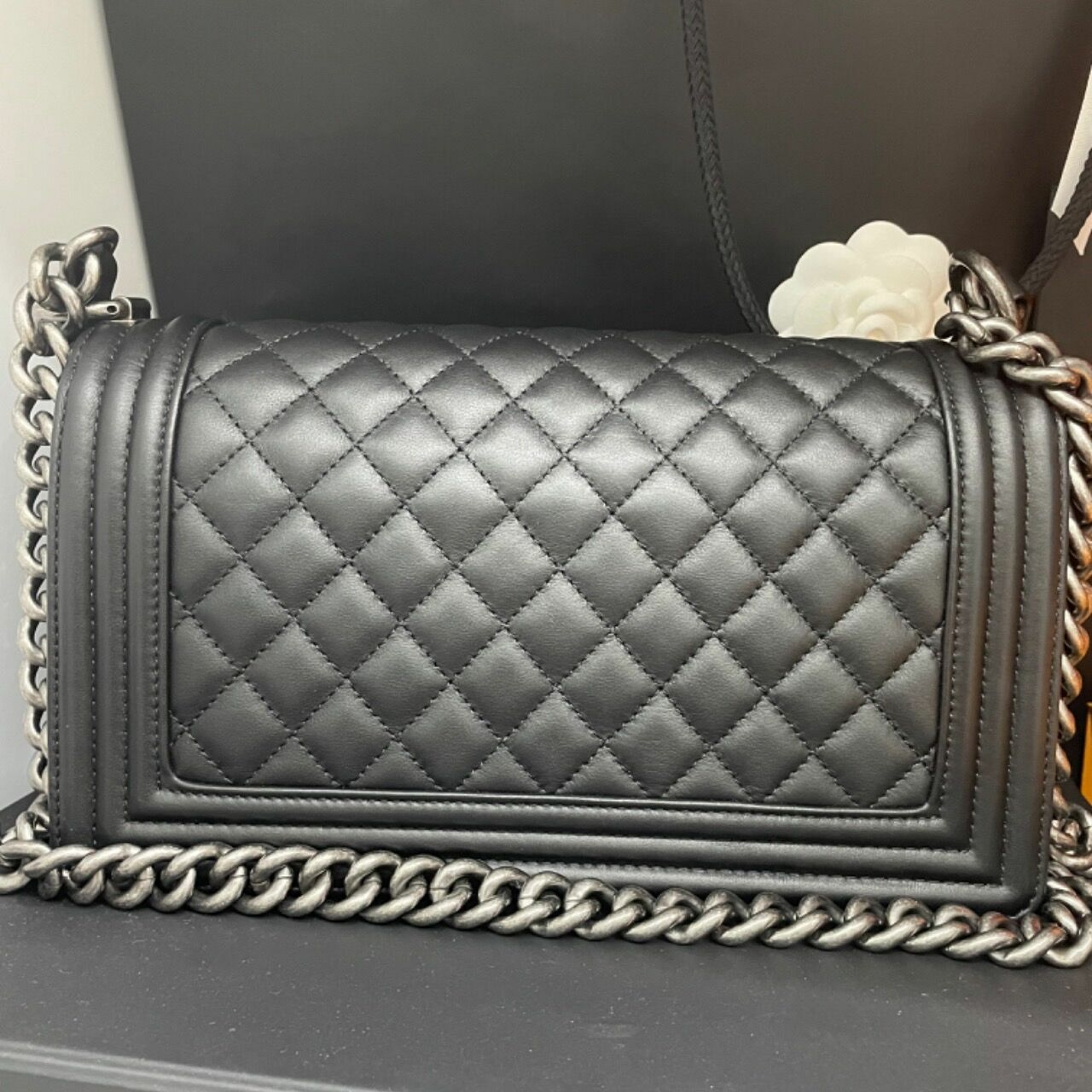 Chanel Boy Quilted Medium Black Lambskin Ruthenium Hardware Shoulder Bag