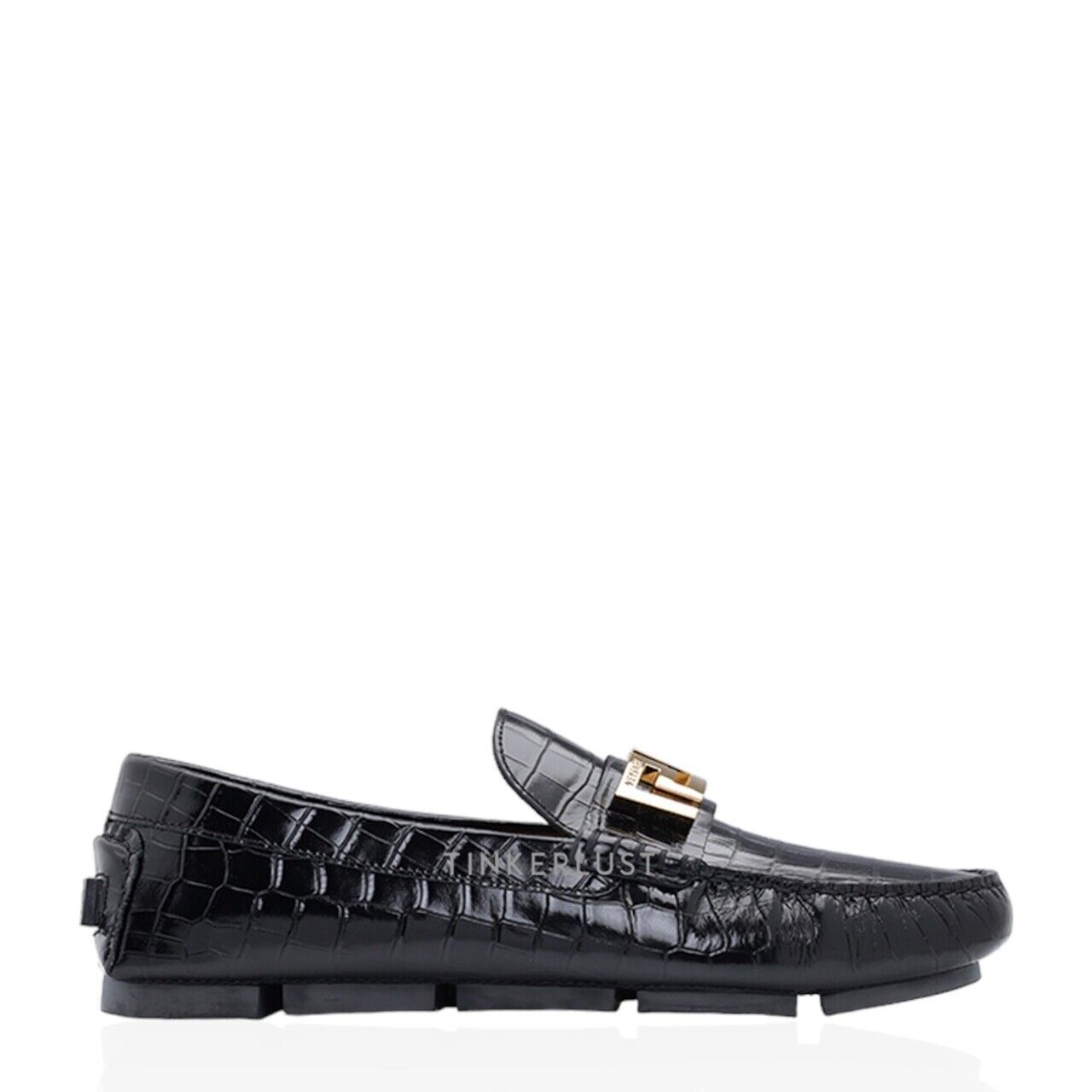 Versace Men La Greca In Black Croco-Embossed GHW Driver Loafers