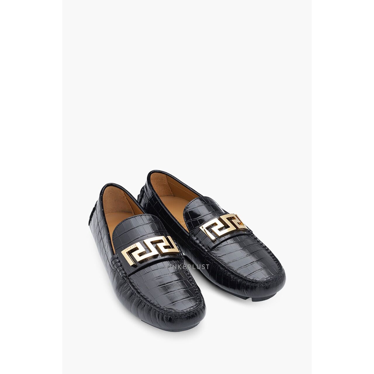 Versace Men La Greca In Black Croco-Embossed GHW Driver Loafers