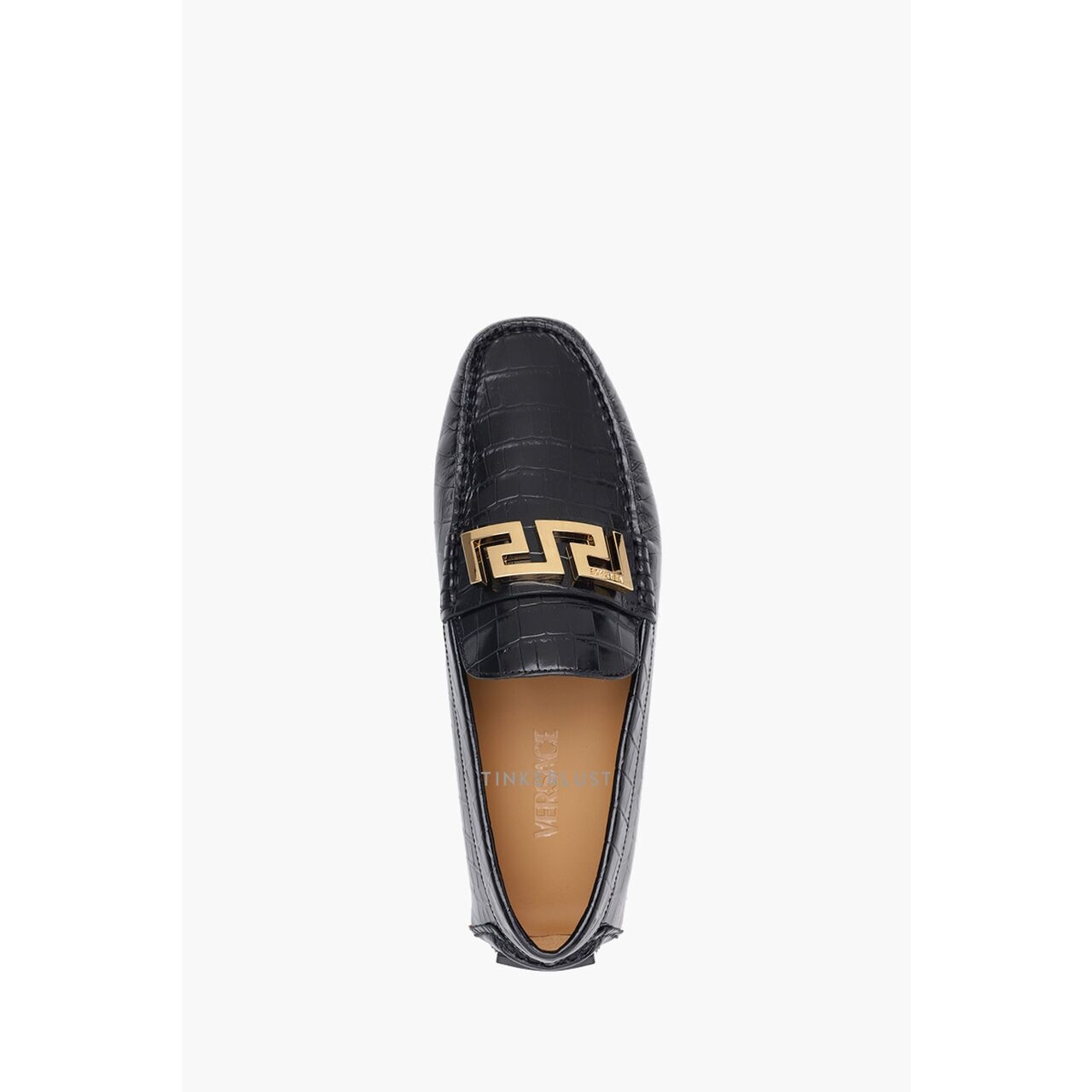 Versace Men La Greca In Black Croco-Embossed GHW Driver Loafers