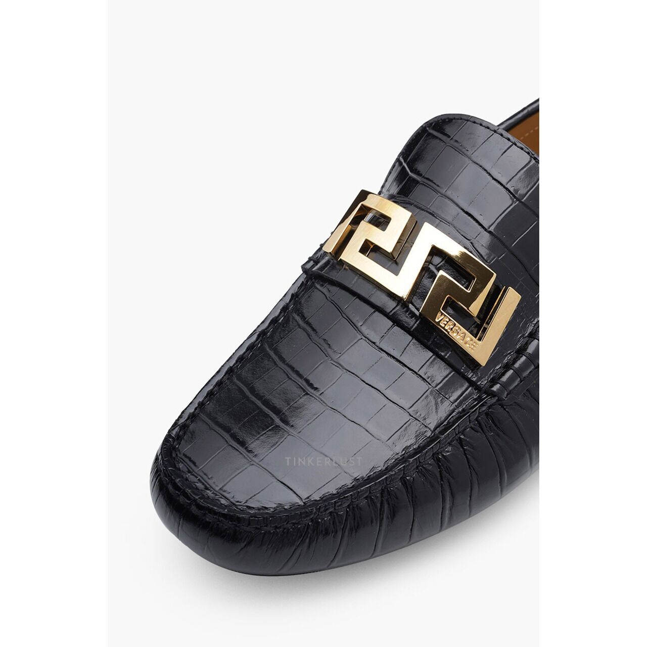 Versace Men La Greca In Black Croco-Embossed GHW Driver Loafers