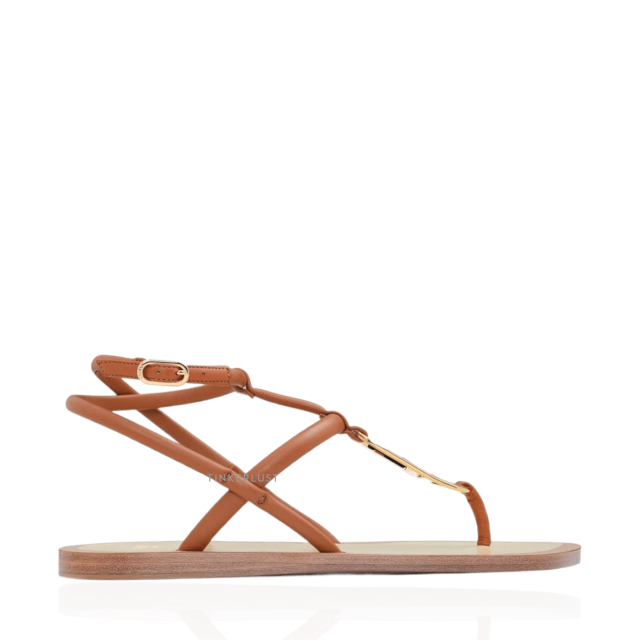 Fendi Women O’Lock Ankle Strap Thong Sandals in Brandy Nappa Leather	