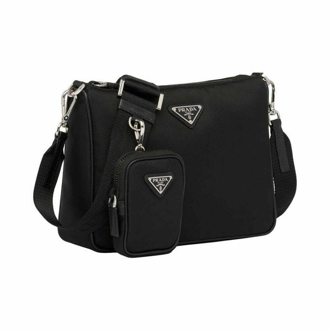 Prada Triangular Logo Nylon and Saffiano Leather Shoulder Bag Black