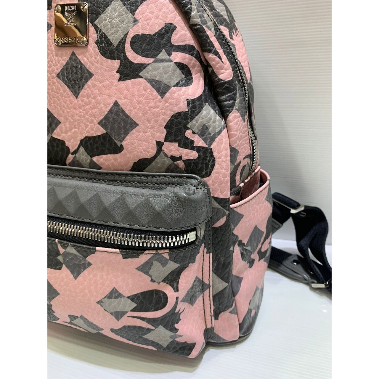 MCM Lion Camo Stark Pink Grey Medium Backpack 