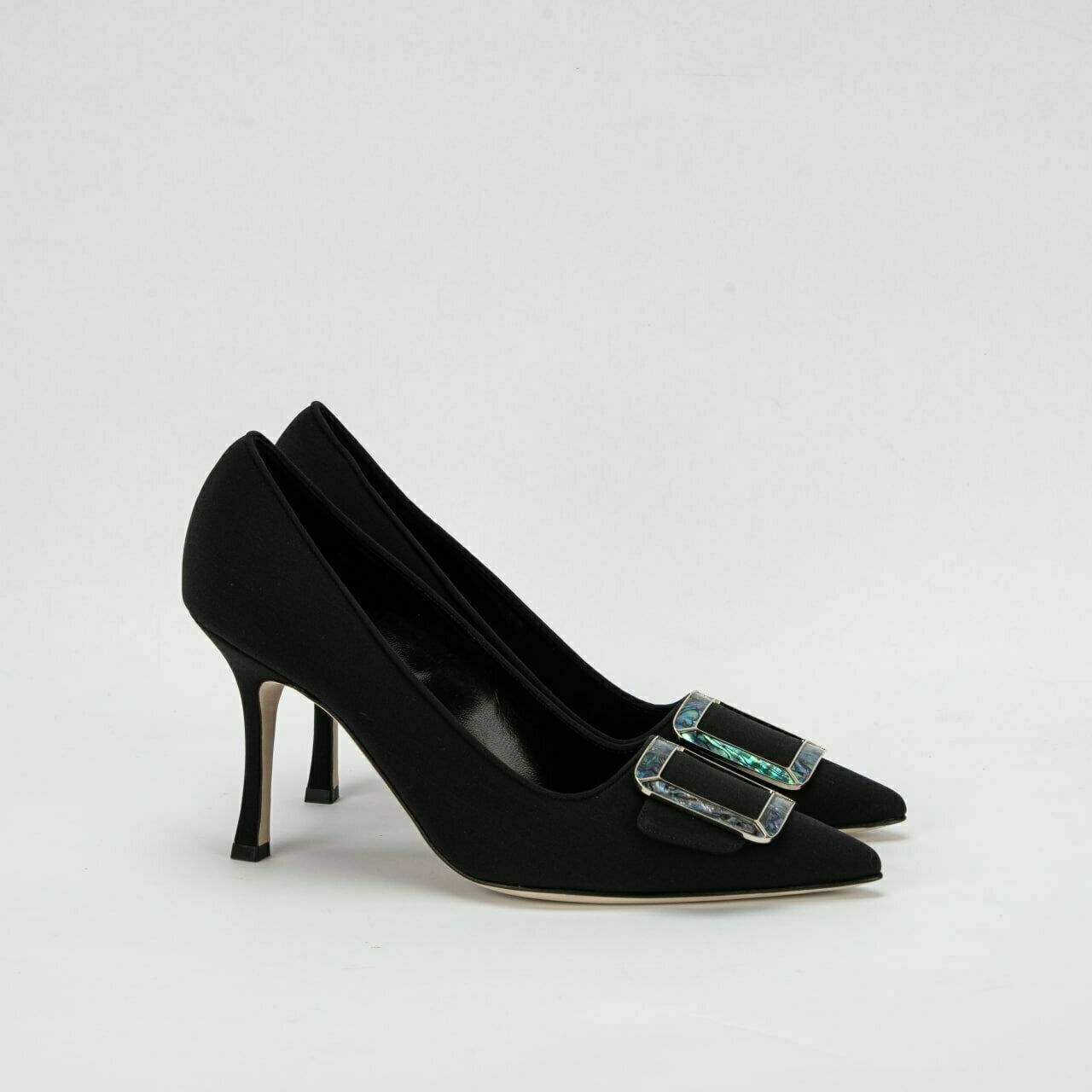 Manolo Blahnik Black Maysale Pump 9cm Crepe de Chine Jewel Buckel Heels