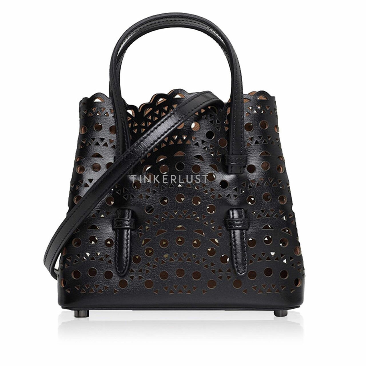 ALAIA Mina 16 Micro Lasered Handbag in Black Calf Leather with Removable Shoulder Strap