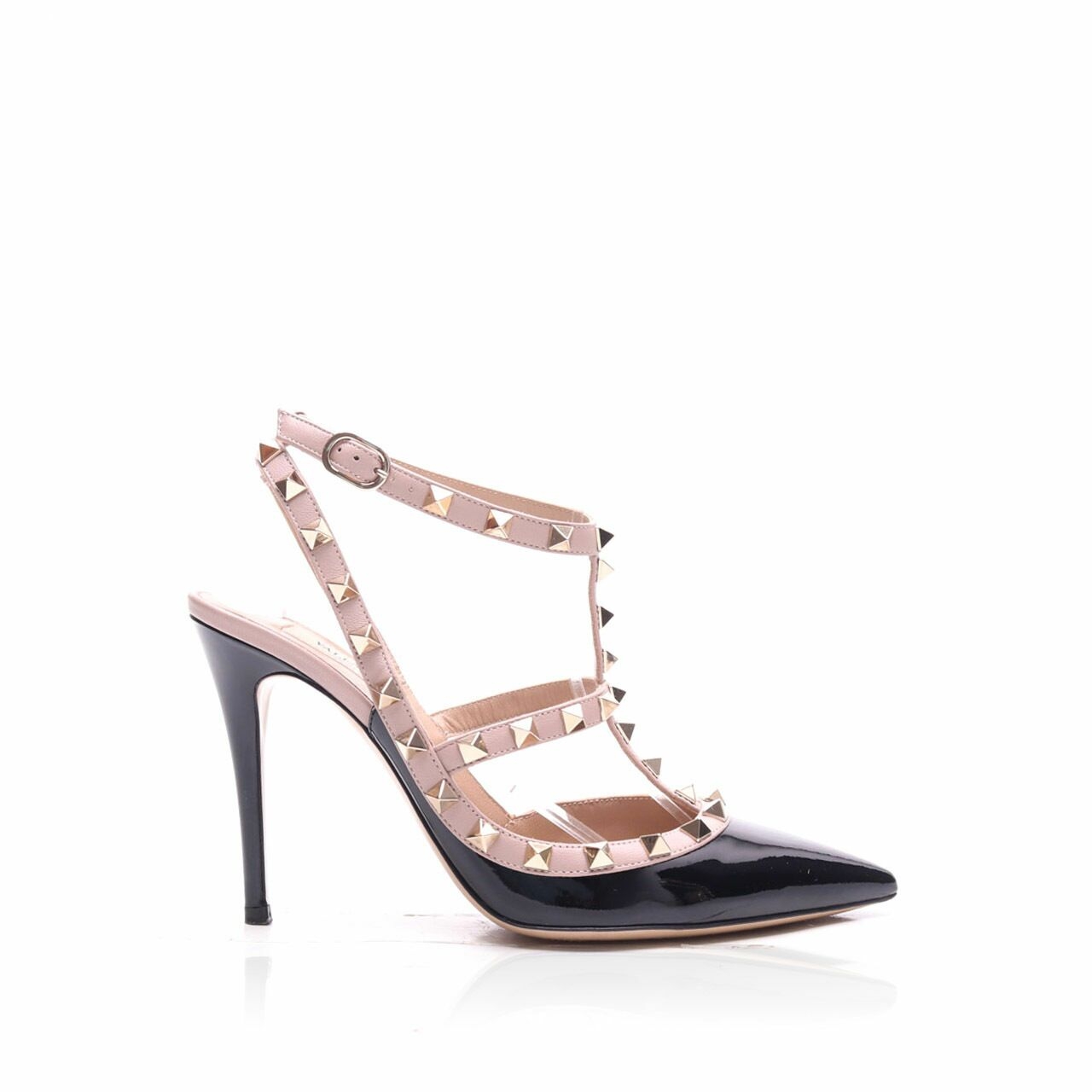 Valentino Garavani Black & Nude Rockstud Ankle Strap in bicolor leather with metal studs Heels