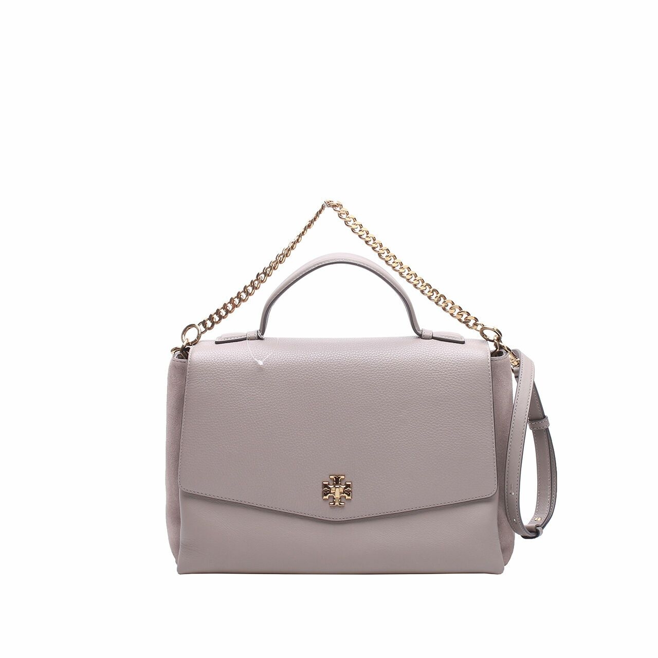 Tory Burch Kira Mixed-Materials Large Top-Handle Gray Heron Satchel Bag