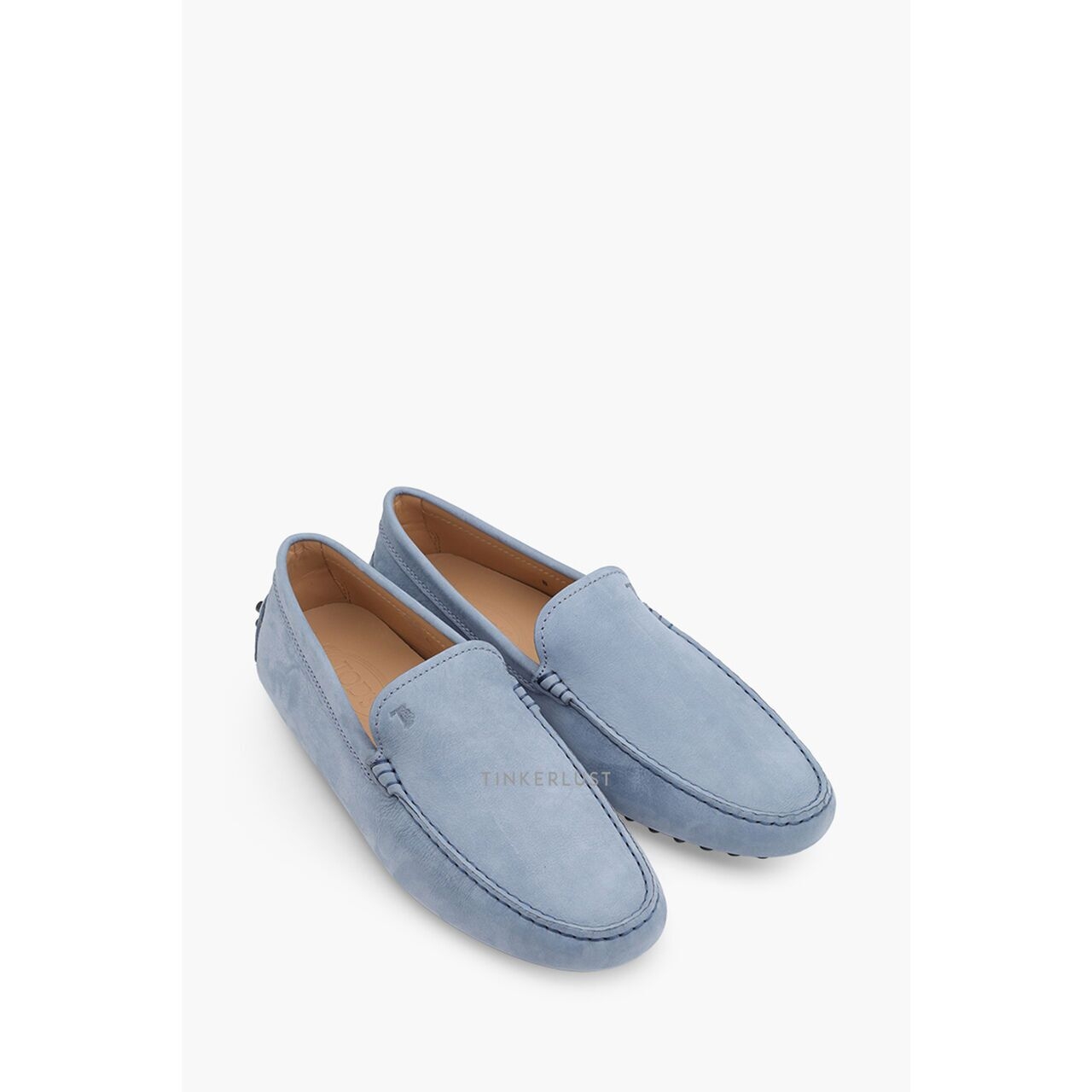 Tod's Men Gommino Driving Shoes in Light Blue Nubuck with Stamped Monogram