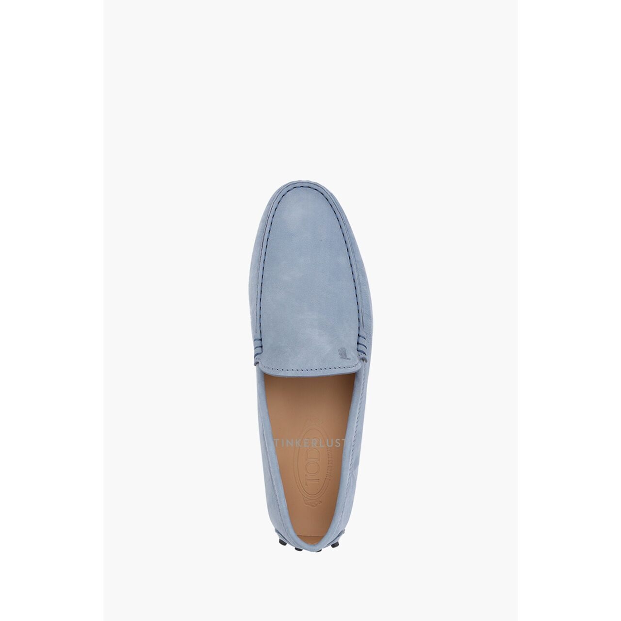 Tod's Men Gommino Driving Shoes in Light Blue Nubuck with Stamped Monogram