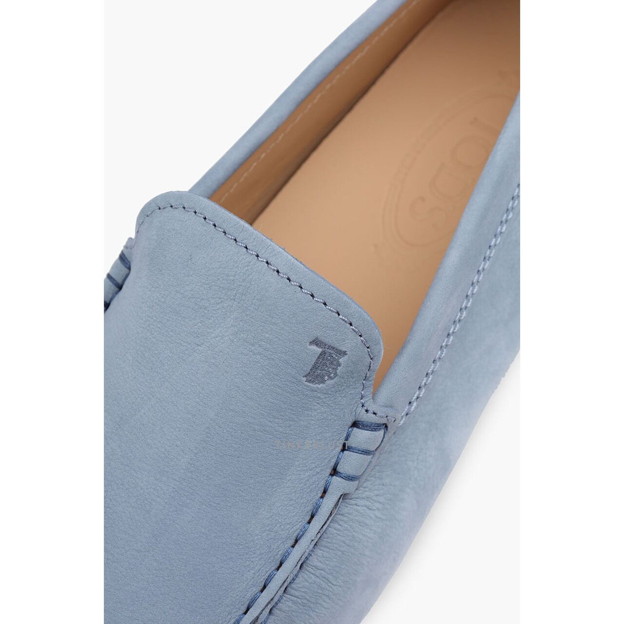 Tod's Men Gommino Driving Shoes in Light Blue Nubuck with Stamped Monogram