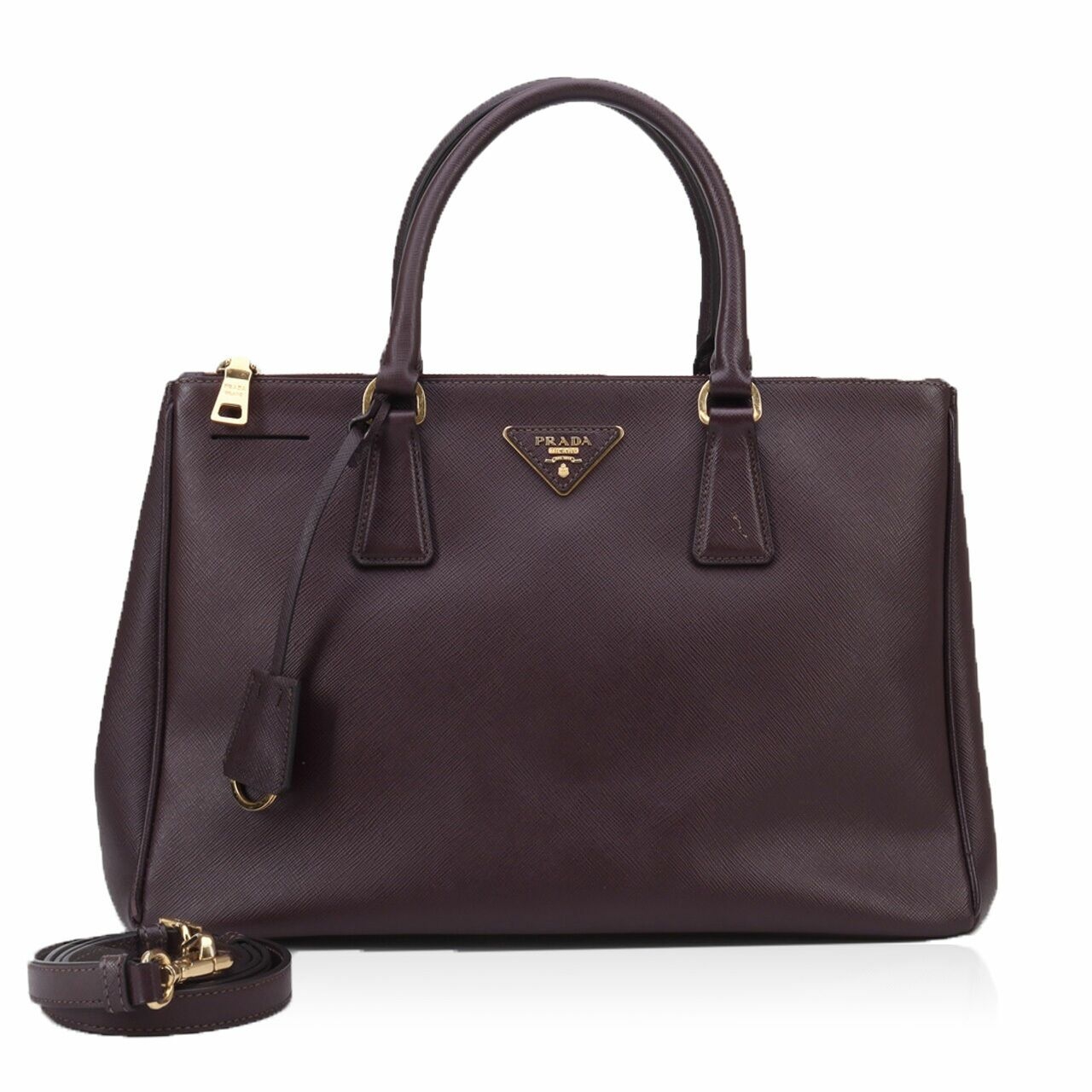 Prada Burgundy Saffiano Lux Leather Large Double Zip Tote Satchel