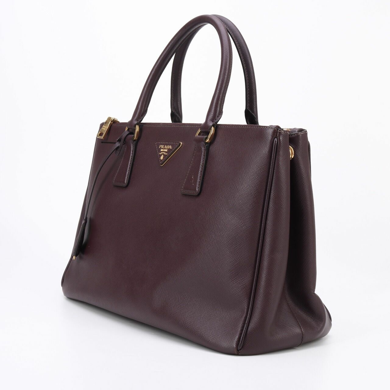 Prada Burgundy Saffiano Lux Leather Large Double Zip Tote Satchel